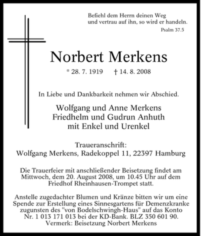  Traueranzeige für Norbert Merkens vom 19.08.2008 aus Tageszeitung