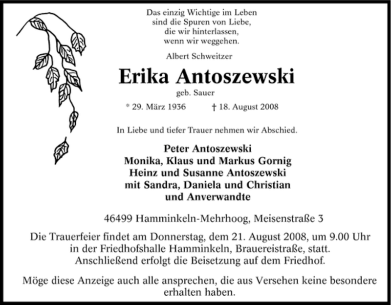  Traueranzeige für Erika Antoszewski vom 19.08.2008 aus Tageszeitung