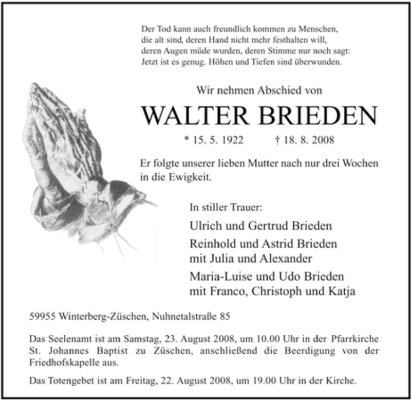  Traueranzeige für Walter Brieden vom 19.08.2008 aus Tageszeitung