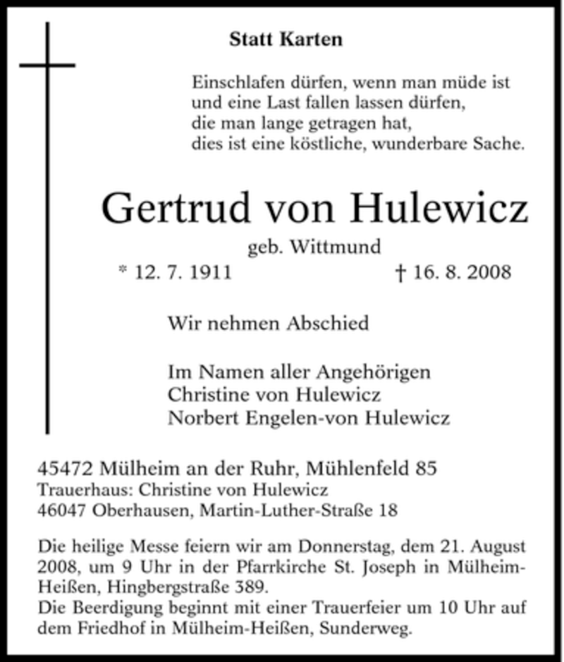  Traueranzeige für Gertrud von Hulewicz vom 19.08.2008 aus Tageszeitung