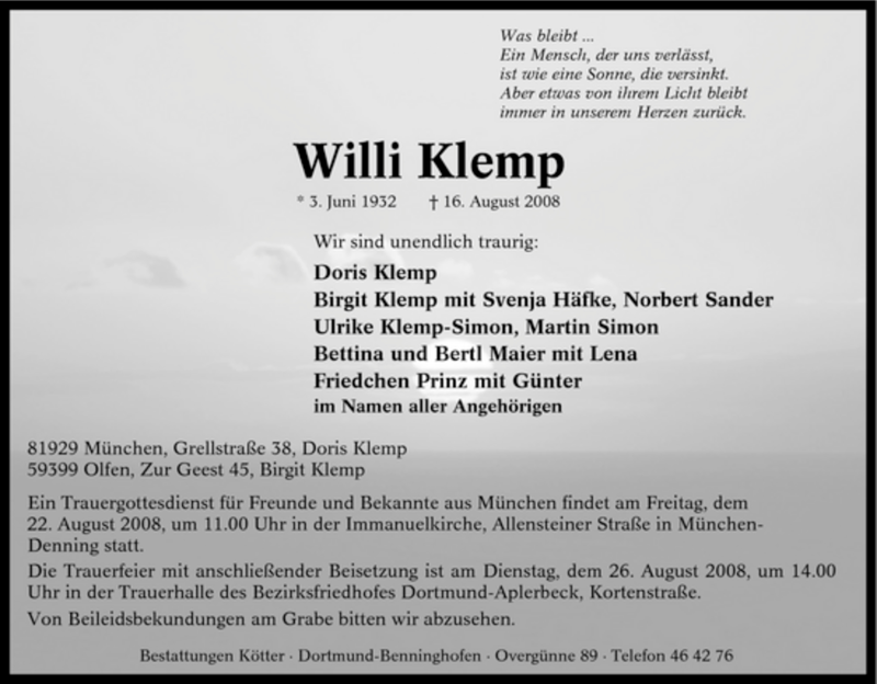  Traueranzeige für Willi Klemp vom 19.08.2008 aus Tageszeitung