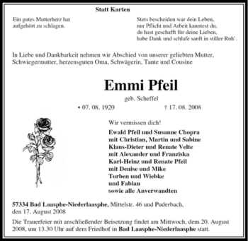Traueranzeige von Emmi Pfeil von Tageszeitung