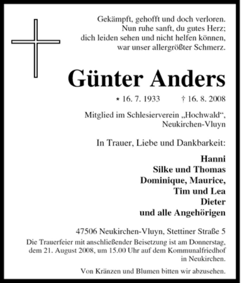  Traueranzeige für Günter Anders vom 19.08.2008 aus Tageszeitung