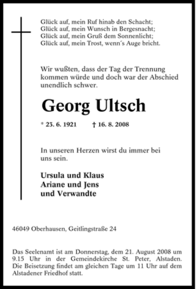  Traueranzeige für Georg Ultsch vom 19.08.2008 aus Tageszeitung