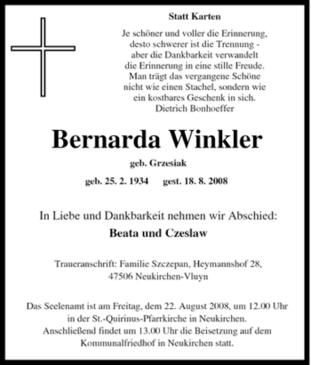 Traueranzeige von Bernarda Winkler von Tageszeitung