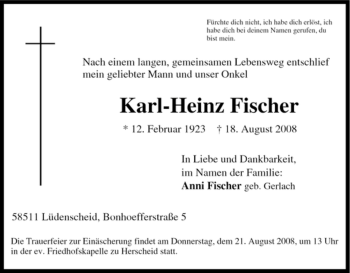 Traueranzeige von Karl-Heinz Fischer von Tageszeitung