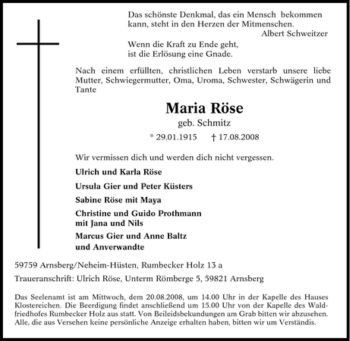 Traueranzeige von Maria Röse von Tageszeitung