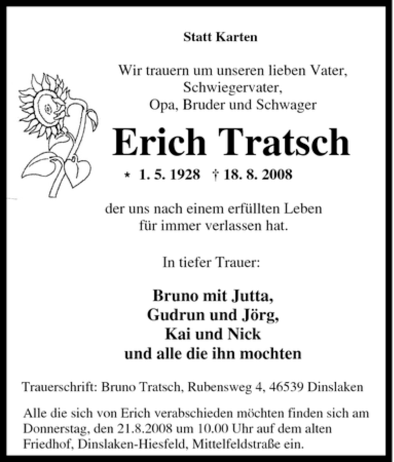  Traueranzeige für Erich Tratsch vom 20.08.2008 aus Tageszeitung