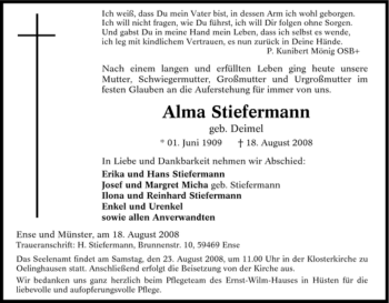 Traueranzeige von Alma Stiefermann von Tageszeitung