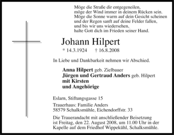 Traueranzeige von Johann Hilpert von Tageszeitung