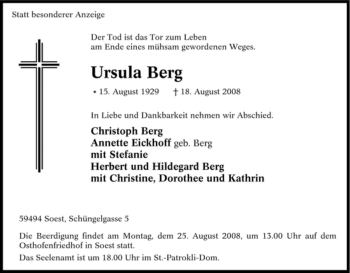 Traueranzeige von Ursula Berg von Tageszeitung