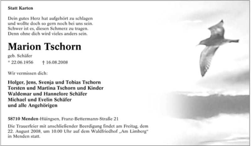  Traueranzeige für Marion Tschorn vom 20.08.2008 aus Tageszeitung
