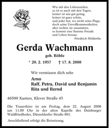 Traueranzeige von Gerda Wachmann von Tageszeitung