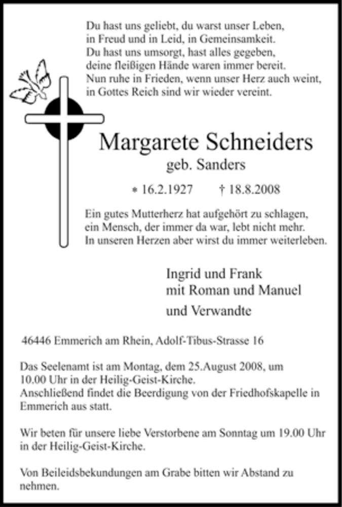  Traueranzeige für Margarete Schneiders vom 20.08.2008 aus Tageszeitung