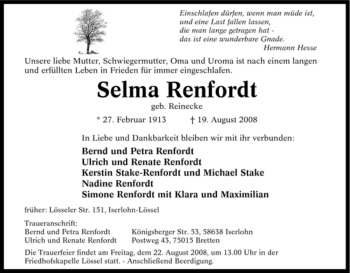 Traueranzeige von Selma Renfordt von Tageszeitung