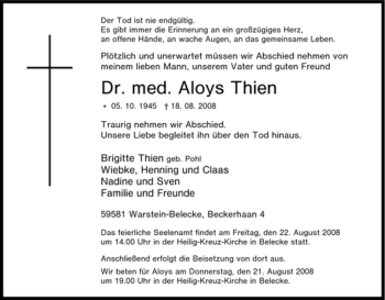 Traueranzeige von Aloys Thien von Tageszeitung