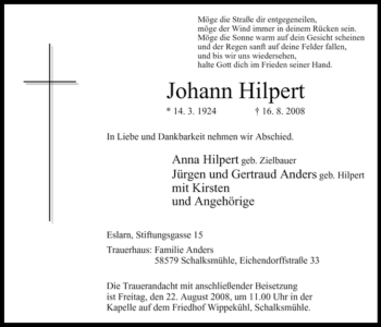 Traueranzeige von Johann Hilpert von Tageszeitung