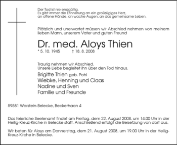 Traueranzeige von Aloys Thien von Tageszeitung