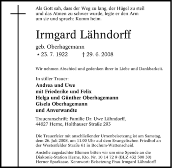 Traueranzeige von Irmgard Lähndorff von Tageszeitung