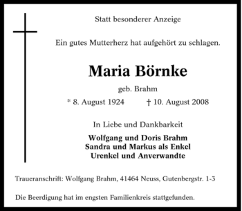 Traueranzeige von Maria Börnke von Tageszeitung