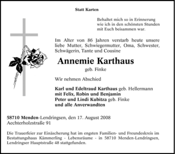 Traueranzeige von Annemie Karthaus von Tageszeitung