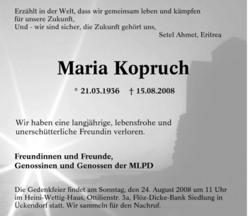 Traueranzeige von Maria Kopruch von Tageszeitung