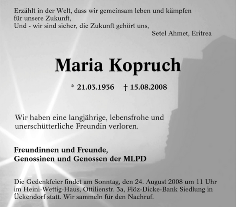  Traueranzeige für Maria Kopruch vom 21.08.2008 aus Tageszeitung