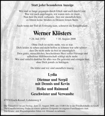 Traueranzeige von Werner Klösters von Tageszeitung