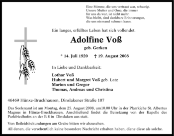 Traueranzeige von Adolfine Voß von Tageszeitung