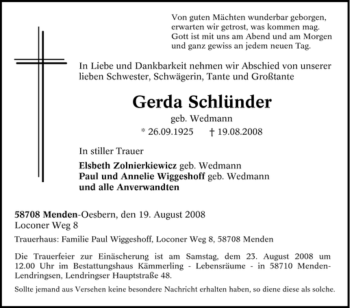 Traueranzeige von Gerda Schünder von Tageszeitung