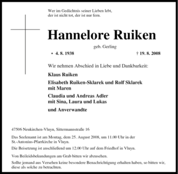 Traueranzeige von Hannelore Ruiken von Tageszeitung