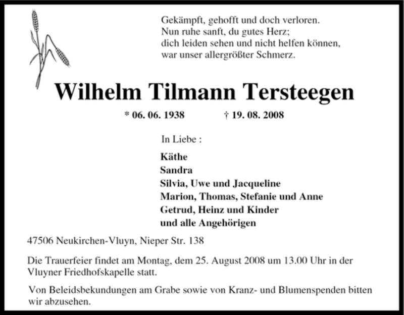  Traueranzeige für Wilhelm Tilmann Tersteegen vom 21.08.2008 aus Tageszeitung