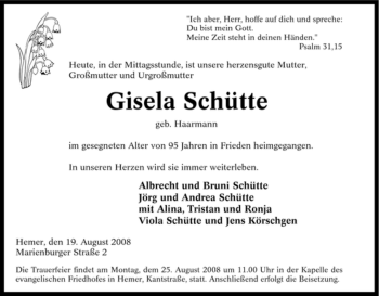 Traueranzeige von Gisela Schütte von Tageszeitung
