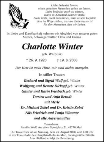 Traueranzeige von Charlotte Winter von Tageszeitung