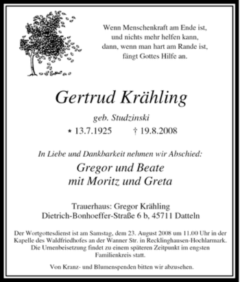 Traueranzeige von Gertrud Krähling von Tageszeitung