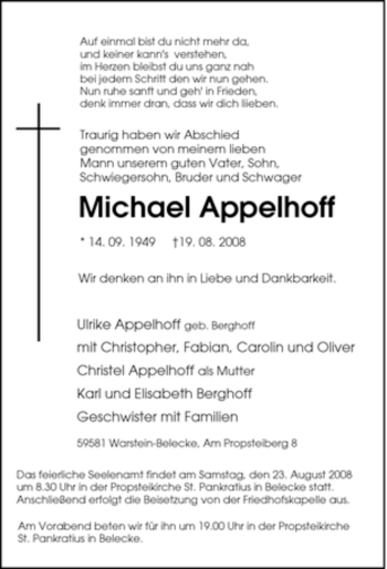 Traueranzeige von Michael Appelhoff von Tageszeitung