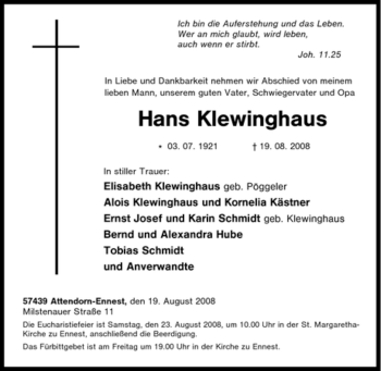 Traueranzeige von Hans Klewinghaus von Tageszeitung