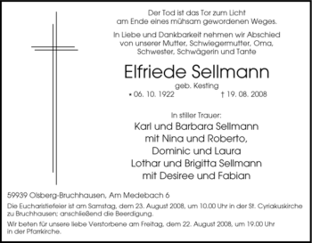 Traueranzeige von Elfriede Sellmann von Tageszeitung