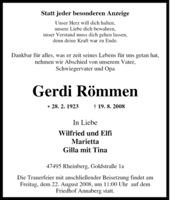 Traueranzeige von Gerdi Römmen von Tageszeitung