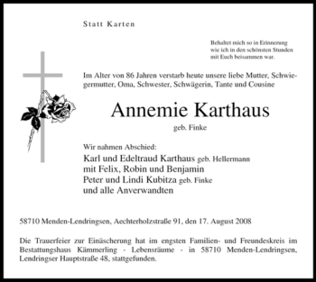 Traueranzeige von Annemie Karthaus von Tageszeitung