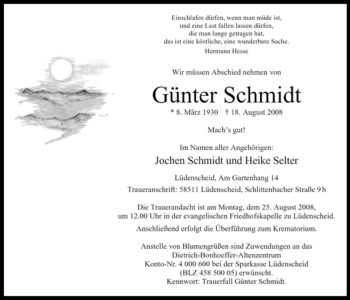 Traueranzeige von Günter Schmidt von Tageszeitung