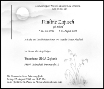 Traueranzeige von Pauline Zajusch von Tageszeitung