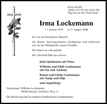 Traueranzeige von Irma Lockemann von Tageszeitung
