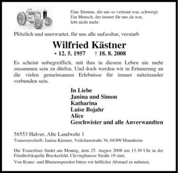 Traueranzeige von Wilfried Kästner von Tageszeitung