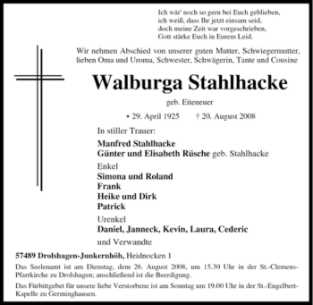 Traueranzeige von Walburga Stahlhacke von Tageszeitung