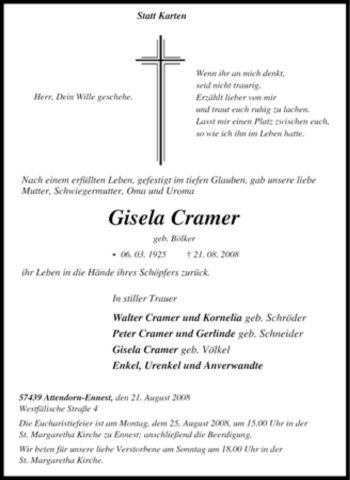 Traueranzeige von Gisela Cramer von Tageszeitung