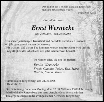 Traueranzeige von Ernst Wernecke von Tageszeitung
