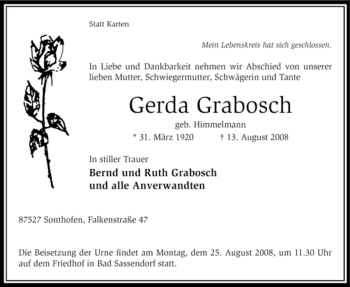 Traueranzeige von Gerda Grabosch von Tageszeitung