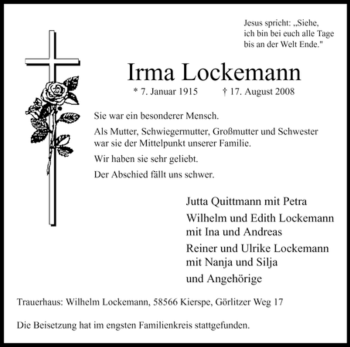Traueranzeige von Irma Lockemann von Tageszeitung