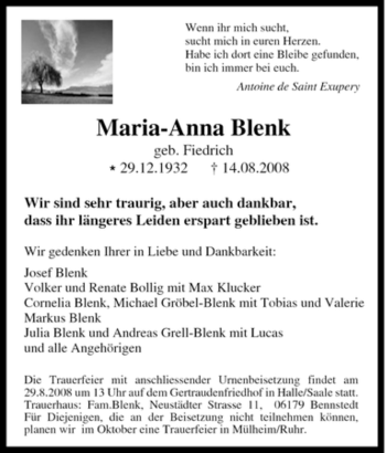 Traueranzeige von Maria-Anna Blenk von Tageszeitung